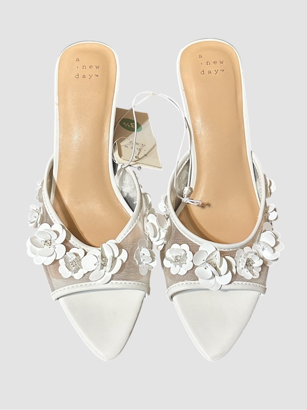 A NEW DAY  Mesh Rhinestone Peep-Toe Lupita White Mule Heels